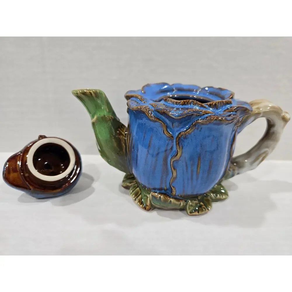Majolica Style Cabbage Rose Bluebird Finial Ceramic Teapot Floral Decor